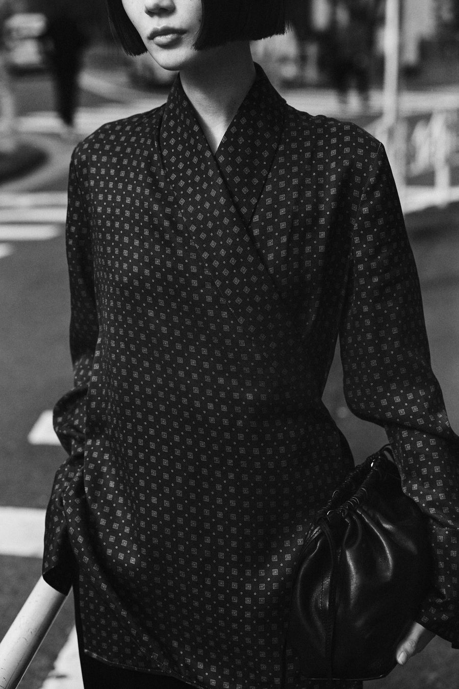 The Lea Shirt in Ink Foulard & Tobey Bag in Black.